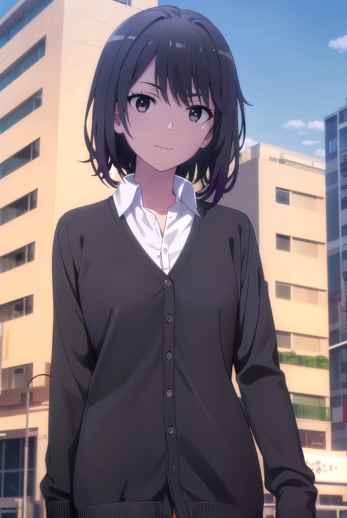 harunoyukinoshita, haruno yukinoshita, short hair, hair between eyes, (black eyes:1.5), black hair, gradient hair, two-tone hair, purple hair, smile,
BREAK shirt, white shirt, collared shirt, cardigan, black cardigan,
BREAK outdoors, city, sky, sun, people, crowd, buildings, clouds,
BREAK looking at viewer,
BREAK (masterpiece:1.2), best quality, high resolution, unity 8k wallpaper, (illustration:0.8), (beautiful detailed eyes:1.6), extremely detailed face, perfect lighting, extremely detailed CG, (perfect hands, perfect anatomy),