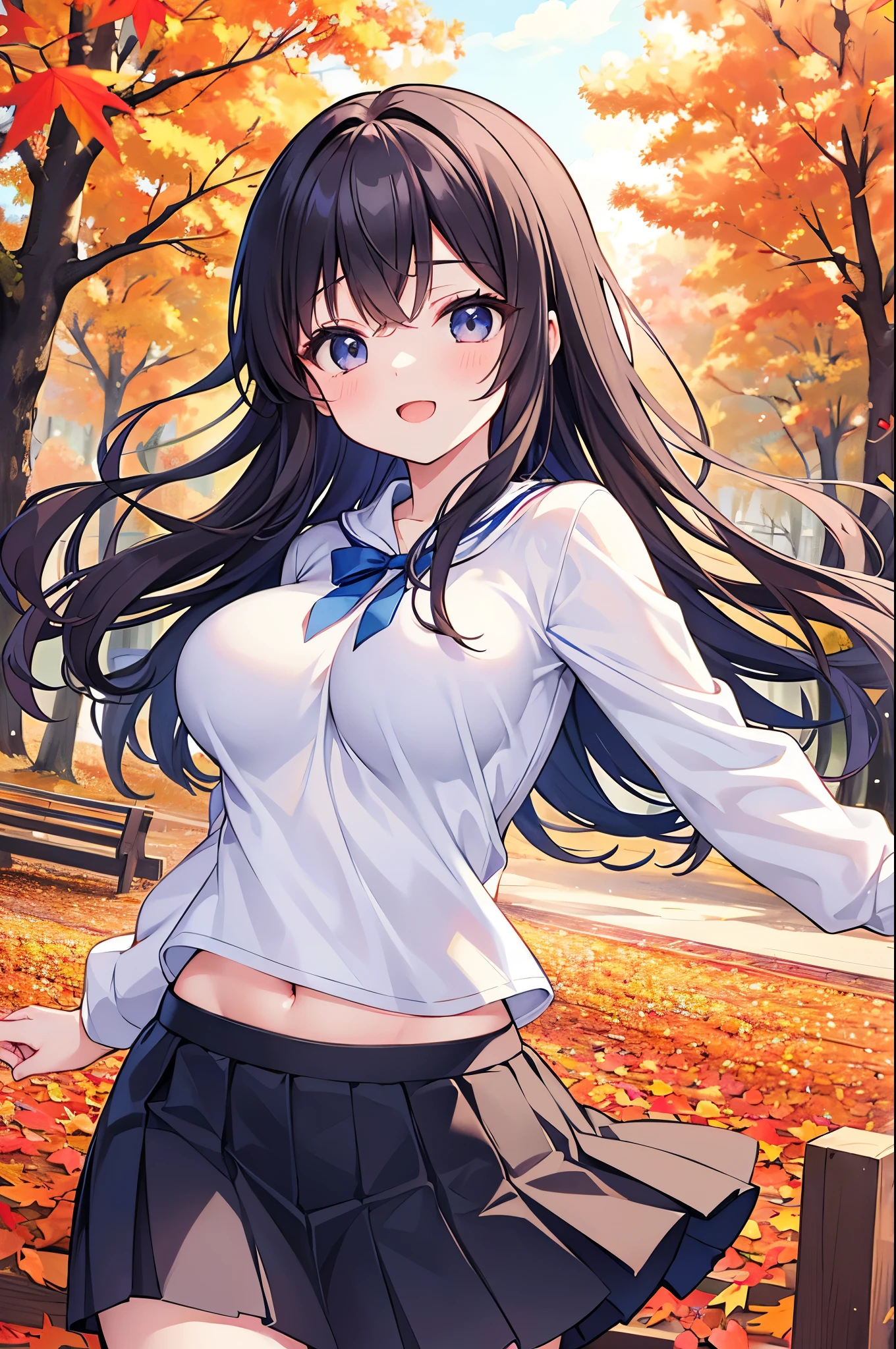 Super Best masterpiece, 16k, Highest quality, Ultra-high resolution, Cute Girls, Beautiful girl in great detail, Very accurate body structure, Very precise body movements, Ample breasts, Autumn casual outfit, The skirt flutters in the wind, Autumn scenery, Going out, Feeling excited, It&#39;s a nice day today, It seems like something good is going to happen