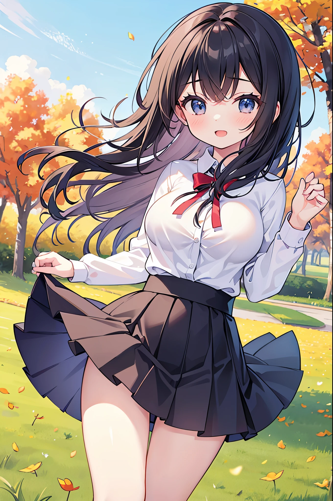 Super Best masterpiece, 16k, Highest quality, Ultra-high resolution, Cute Girls, Beautiful girl in great detail, Very accurate body structure, Very precise body movements, Ample breasts, Autumn casual outfit, The skirt flutters in the wind, Autumn scenery, Going out, Feeling excited, It&#39;s a nice day today, It seems like something good is going to happen