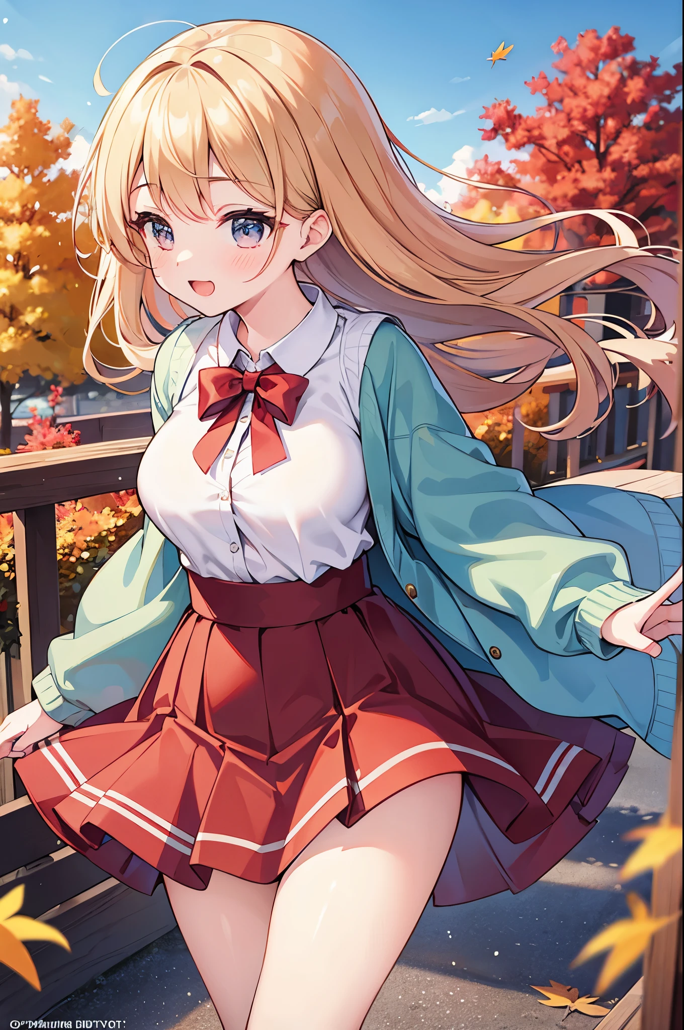 Super Best masterpiece, 16k, Highest quality, Ultra-high resolution, Cute Girls, Beautiful girl in great detail, Very accurate body structure, Very precise body movements, Ample breasts, Autumn casual outfit, The skirt flutters in the wind, Autumn scenery, Going out, Feeling excited, It&#39;s a nice day today, It seems like something good is going to happen