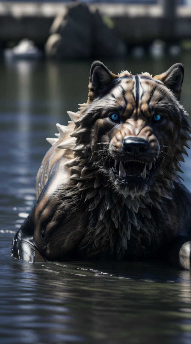 (best quality,16k,32 mil,highres,masterpiece:1.2),ultra-detailed,(realistic,photorealistic,photo-realistic:1.37) (the best gangster) blue eyes realistic water background of anger totally destroyed alone looking at camera serious expression.