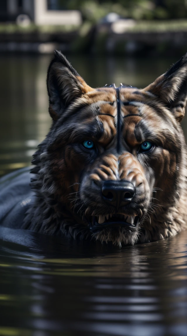 (best quality,16k,32 mil,highres,masterpiece:1.2),ultra-detailed,(realistic,photorealistic,photo-realistic:1.37) (the best gangster) blue eyes realistic water background of anger totally destroyed alone looking at camera serious expression.