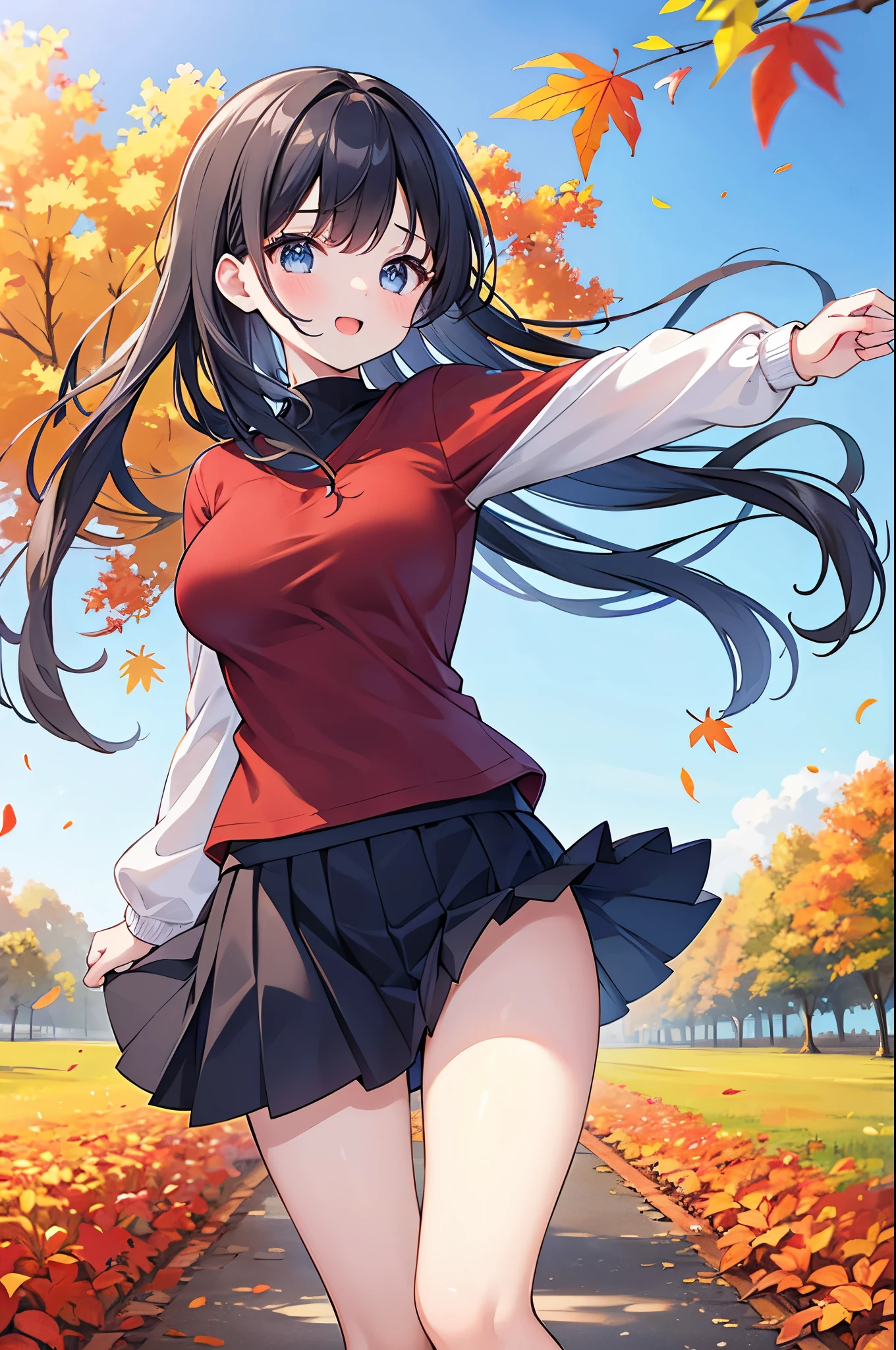 Super Best masterpiece, 16k, Highest quality, Ultra-high resolution, Cute Girls, Beautiful girl in great detail, Very accurate body structure, Very precise body movements, Ample breasts, Autumn casual outfit, The skirt flutters in the wind, Autumn scenery, Going out, Feeling excited, It&#39;s a nice day today, It seems like something good is going to happen