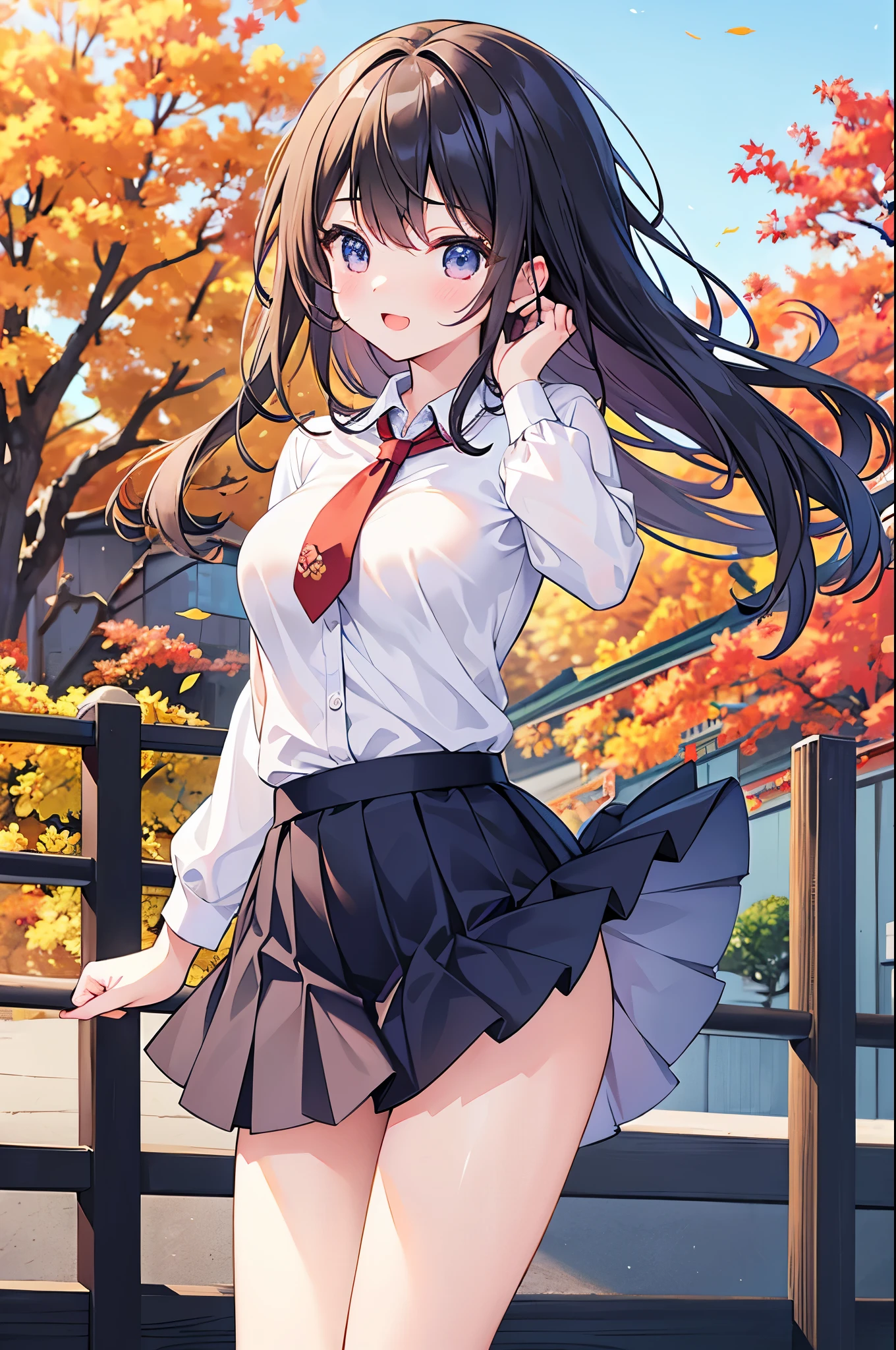 Super Best masterpiece, 16k, Highest quality, Ultra-high resolution, Cute Girls, Beautiful girl in great detail, Very accurate body structure, Very precise body movements, Ample breasts, Autumn casual outfit, The skirt flutters in the wind, Autumn scenery, Going out, Feeling excited, It&#39;s a nice day today, It seems like something good is going to happen