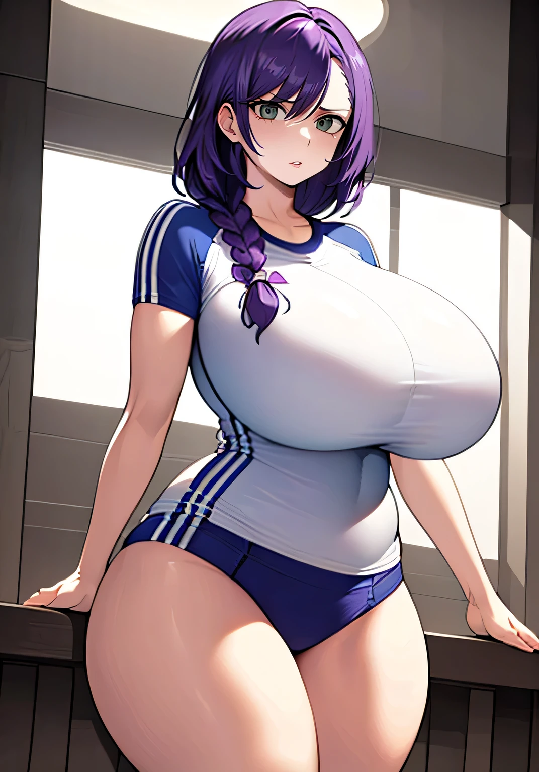 hrist, 1girl, solo, long hair, breasts, looking at viewer, blush, bangs, shirt, green eyes, white shirt, purple hair, braid, short sleeves, thighs, indoors, huge breasts, single braid, swept bangs, thick thighs, hair over shoulder, curvy, wide hips, gym uniform, buruma, sportswear, raglan sleeves, gym shirt, blue buruma