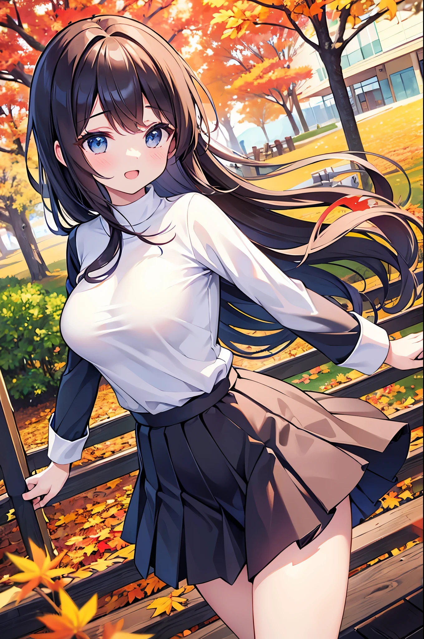 Super Best masterpiece, 16k, Highest quality, Ultra-high resolution, Cute Girls, Beautiful girl in great detail, Very accurate body structure, Very precise body movements, Ample breasts, Autumn casual outfit, The skirt flutters in the wind, Autumn scenery, Going out, Feeling excited, It&#39;s a nice day today, It seems like something good is going to happen