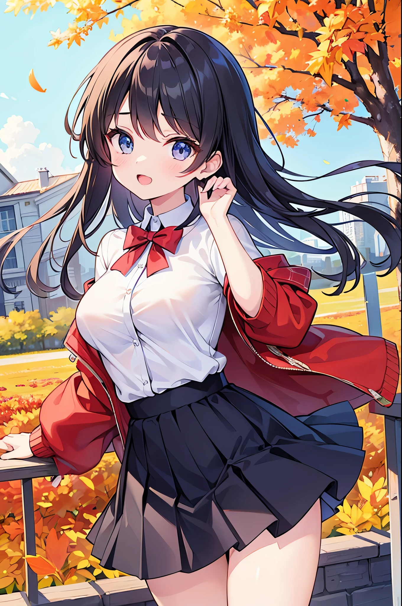 Super Best masterpiece, 16k, Highest quality, Ultra-high resolution, Cute Girls, Beautiful girl in great detail, Very accurate body structure, Very precise body movements, Ample breasts, Autumn casual outfit, The skirt flutters in the wind, Autumn scenery, Going out, Feeling excited, It&#39;s a nice day today, It seems like something good is going to happen