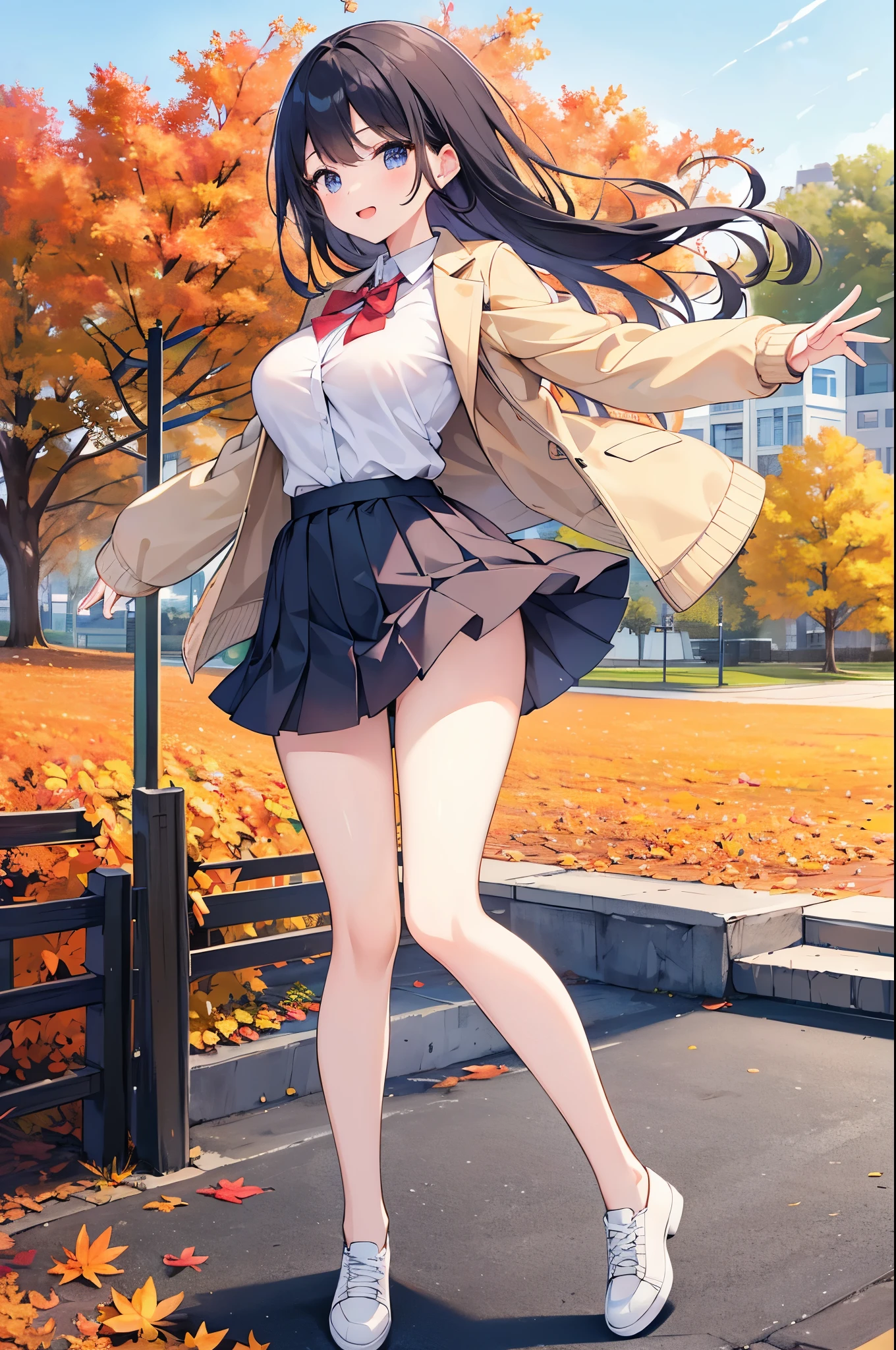 Super Best masterpiece, 16k, Highest quality, Ultra-high resolution, Cute Girls, Beautiful girl in great detail, Very accurate body structure, Very precise body movements, Ample breasts, Autumn casual outfit, The skirt flutters in the wind, Autumn scenery, Going out, Feeling excited, It&#39;s a nice day today, It seems like something good is going to happen