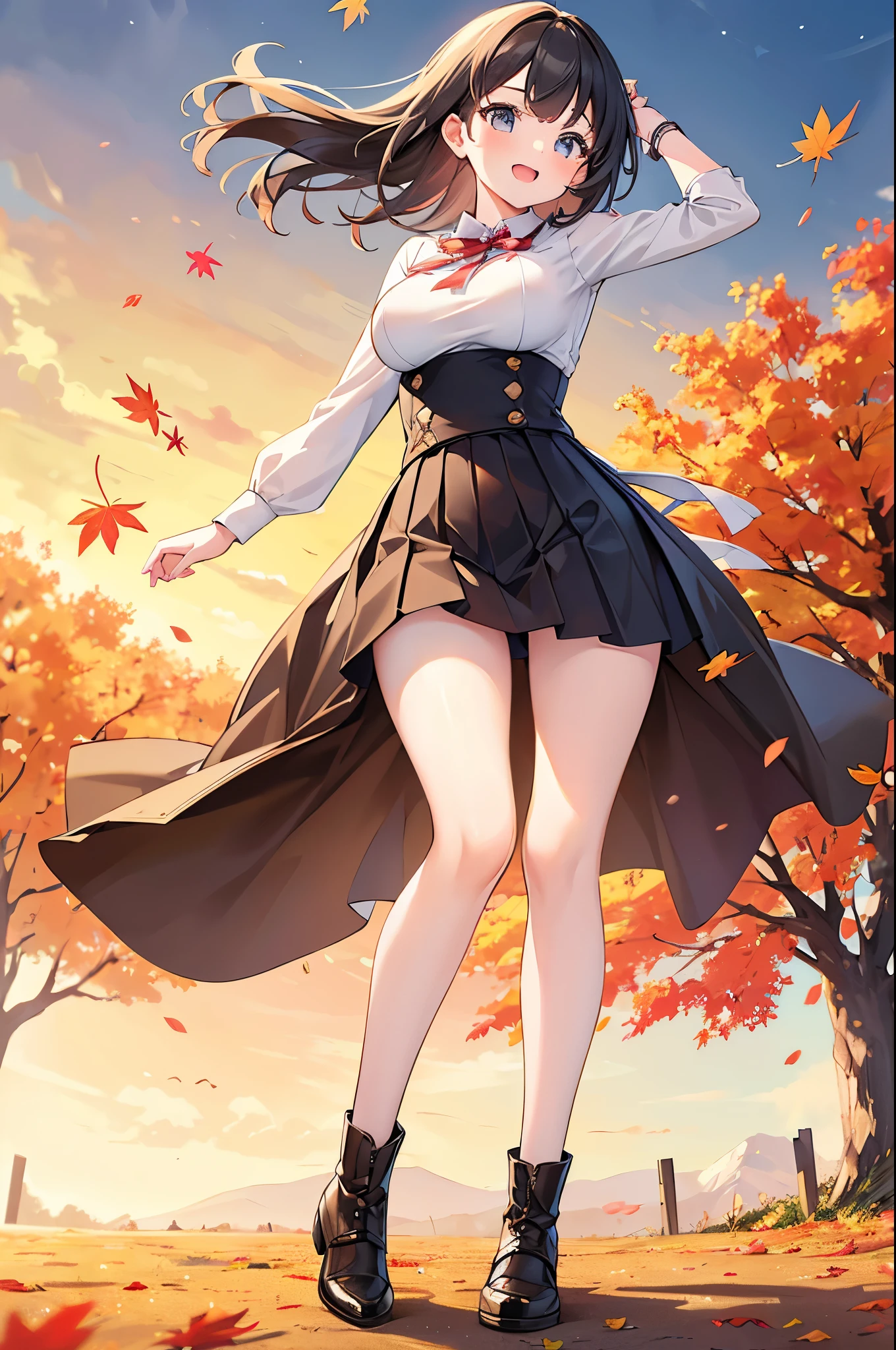 Super Best masterpiece, 16k, Highest quality, Ultra-high resolution, Cute Girls, Beautiful girl in great detail, Very accurate body structure, Very precise body movements, Ample breasts, Autumn casual outfit, The skirt flutters in the wind, Autumn scenery, Going out, Feeling excited, It&#39;s a nice day today, It seems like something good is going to happen