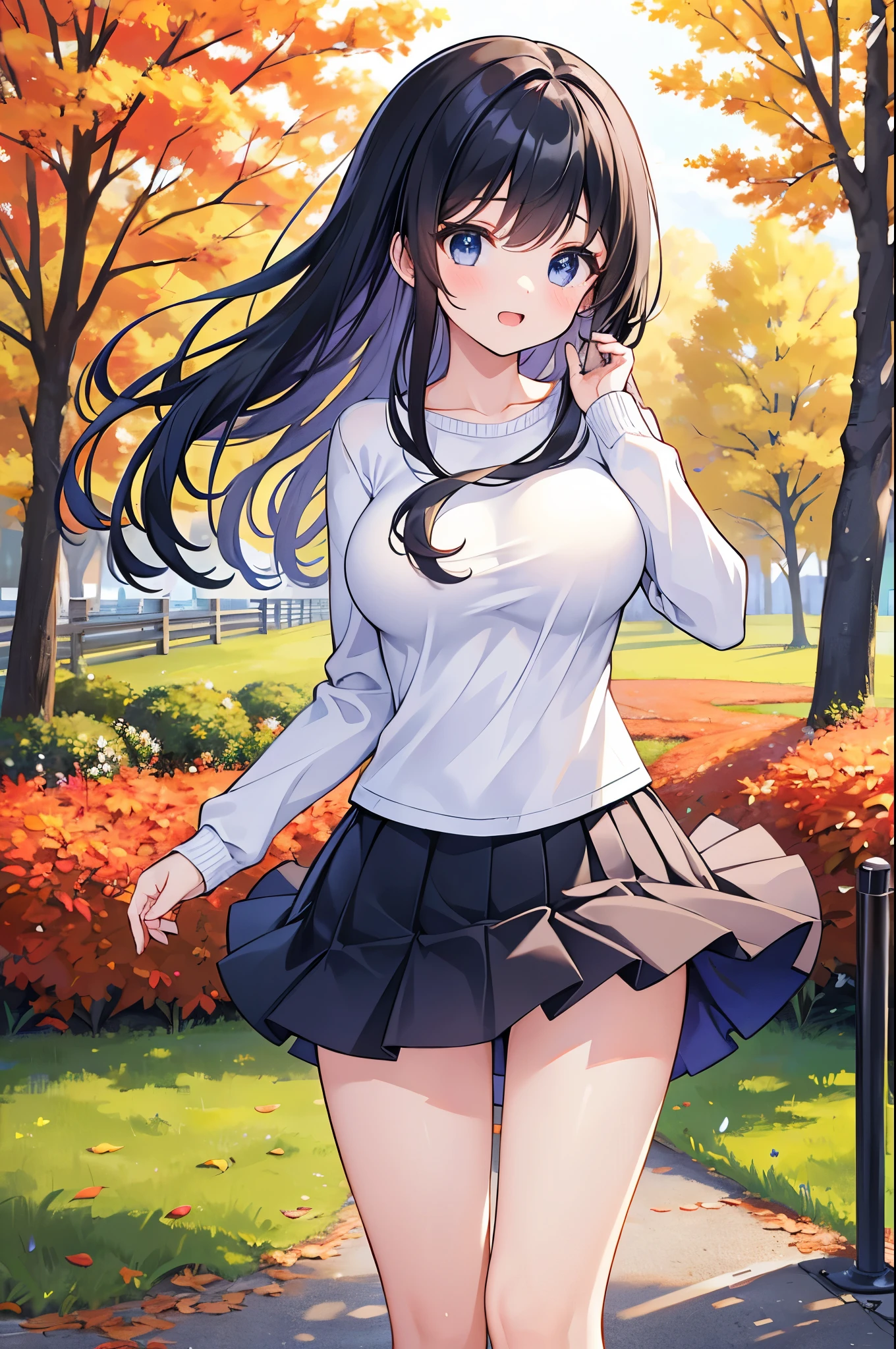 Super Best masterpiece, 16k, Highest quality, Ultra-high resolution, Cute Girls, Beautiful girl in great detail, Very accurate body structure, Very precise body movements, Ample breasts, Autumn casual outfit, The skirt flutters in the wind, Autumn scenery, Going out, Feeling excited, It&#39;s a nice day today, It seems like something good is going to happen