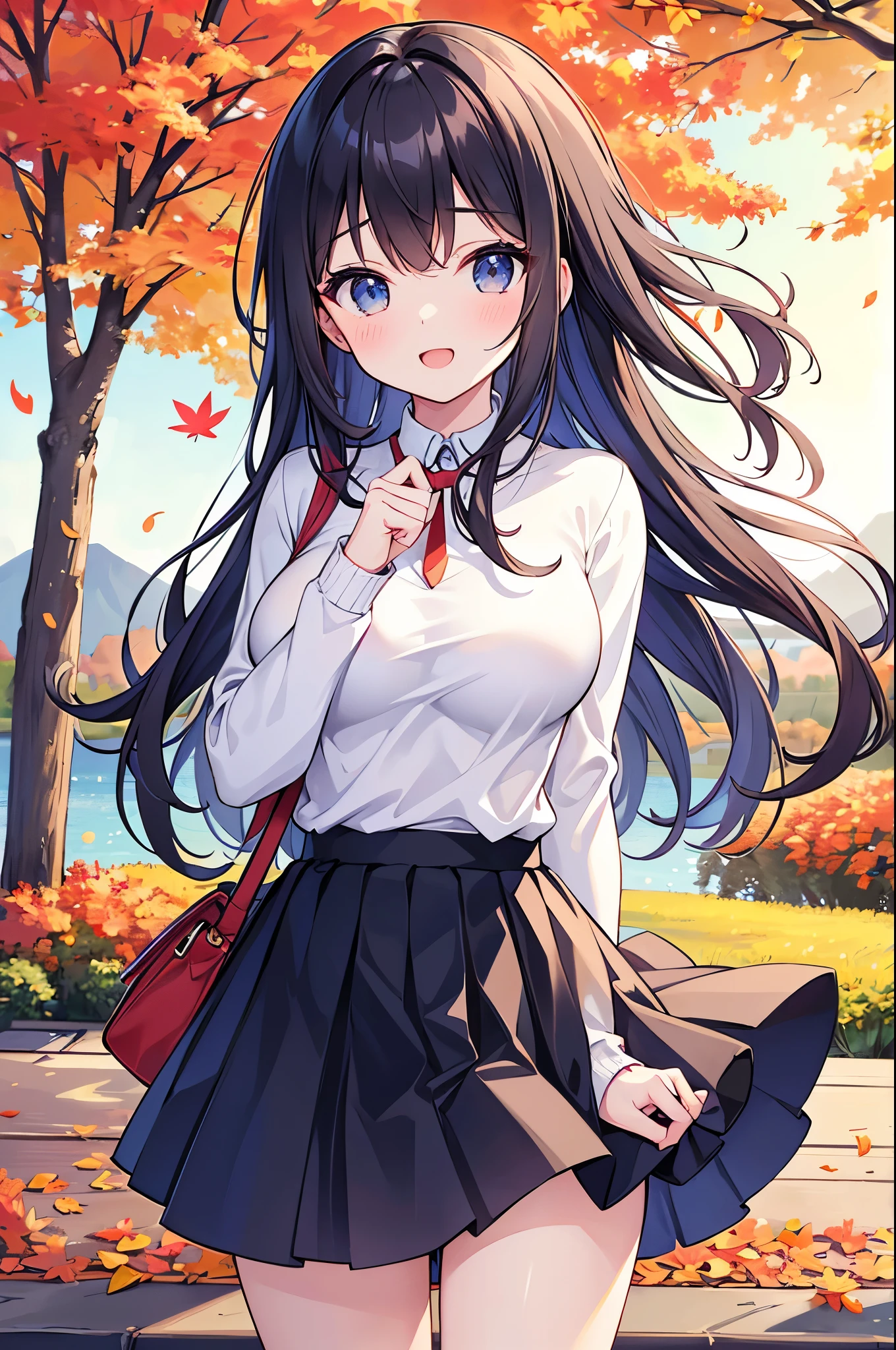 Super Best masterpiece, 16k, Highest quality, Ultra-high resolution, Cute Girls, Beautiful girl in great detail, Very accurate body structure, Very precise body movements, Ample breasts, Autumn casual outfit, The skirt flutters in the wind, Autumn scenery, Going out, Feeling excited, It&#39;s a nice day today, It seems like something good is going to happen