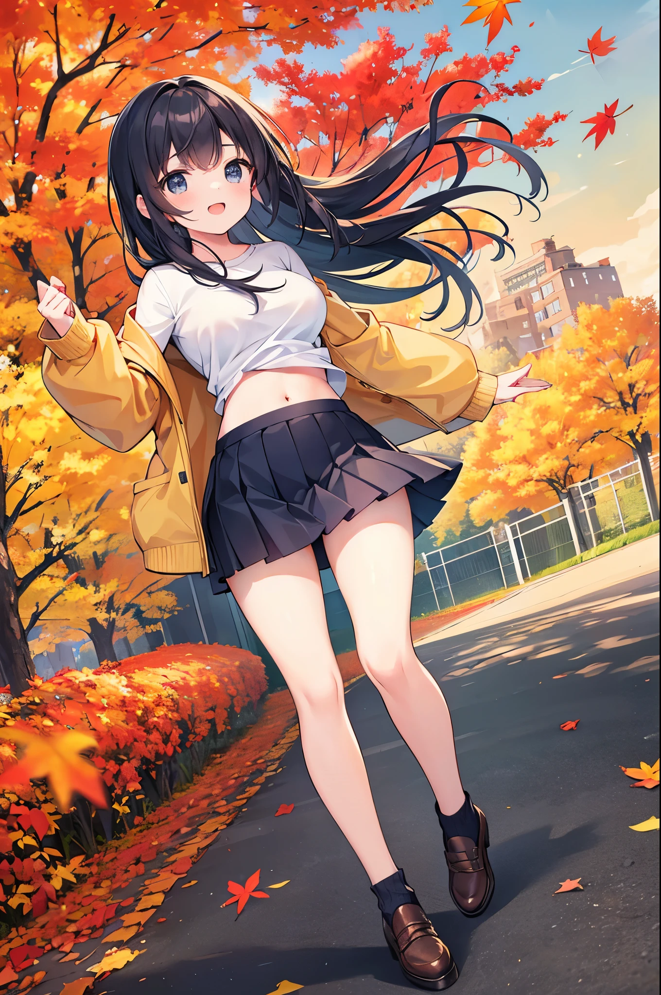 Super Best masterpiece, 16k, Highest quality, Ultra-high resolution, Cute Girls, Beautiful girl in great detail, Very accurate body structure, Very precise body movements, Ample breasts, Autumn casual outfit, The skirt flutters in the wind, Autumn scenery, Going out, Feeling excited, It&#39;s a nice day today, It seems like something good is going to happen