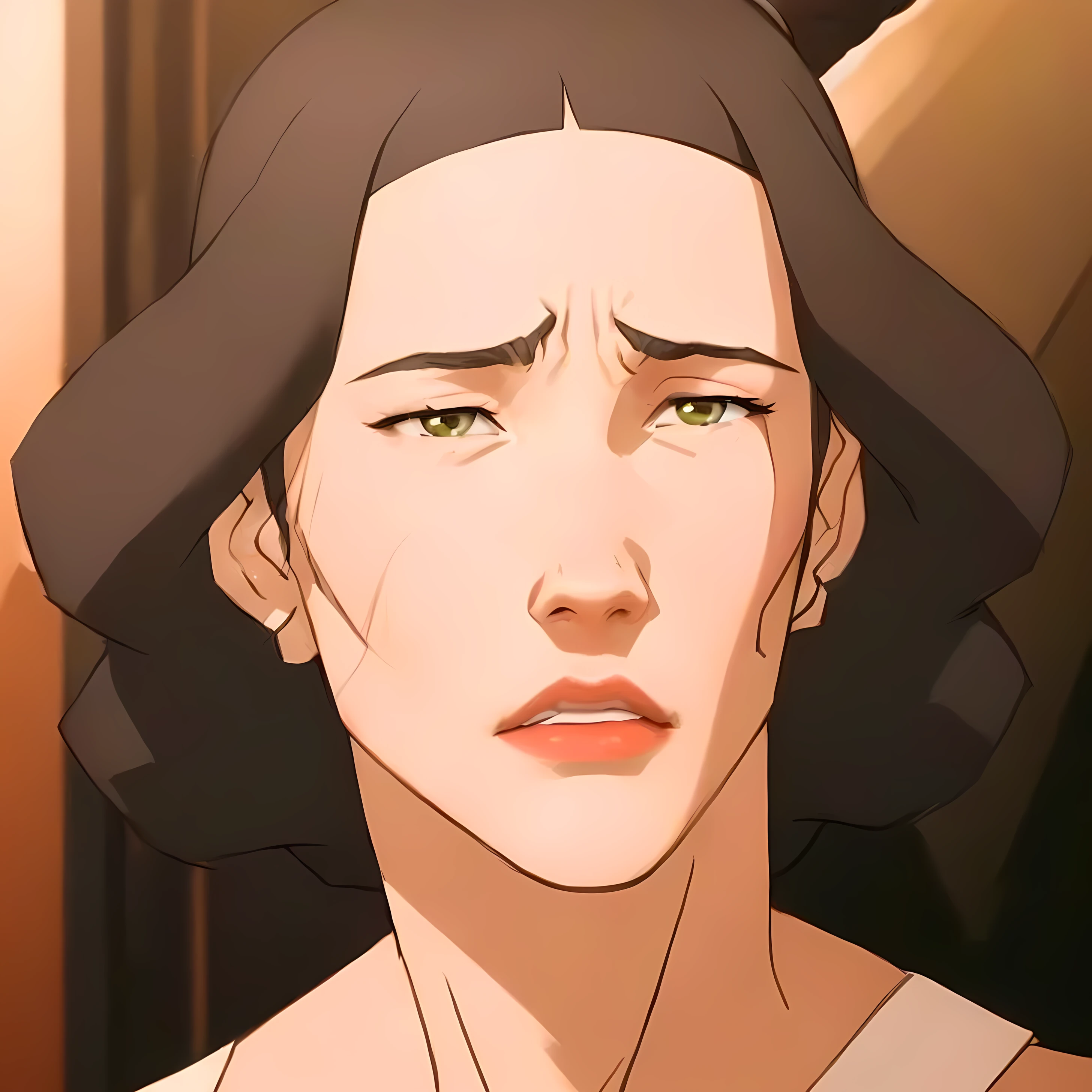 a close-up of a woman with a sad expression on her face, the goddess hera looking angry, Lin Beifong, the legend of korra, Chief Beifong, the goddess hera looking angry, Anya de Spy x Family, & His expression is solemn, patrick nagel, Satoshi Kon Style, Britney Lee is an American actress and actress., but a stern look upon her, portrait of avatar korra