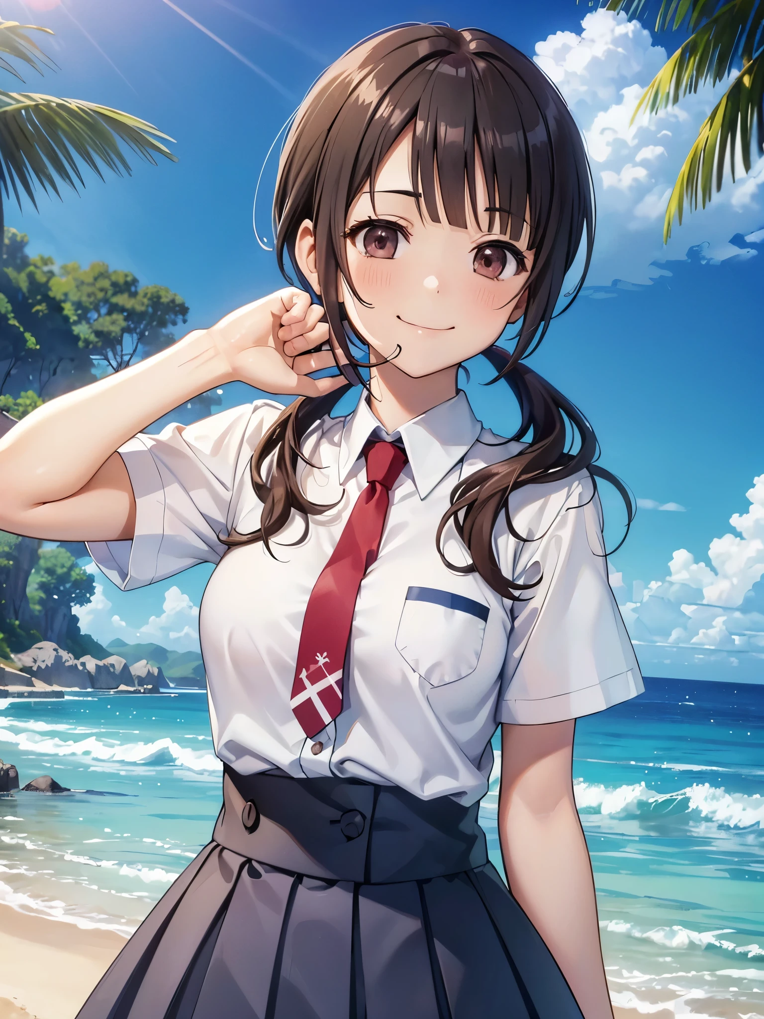 (16k,Ultra-high resolution,Best Quality,masterpiece,Very detailed,Extremely clear CG),okitasawa, low twintails,white shirt, short sleeves, red necktie, blue skirt,Anatomically correct body,Very detailed顔の特徴, Beautiful and perfect face:, ((Open your mouth and say happy smile:1.3)),夕方の夏のsea岸,((upper body Shot:1.3)),sea,Sandy Beach,Looking at the camera,Front angle,Place your right hand on your chest,Close your eyes and smile