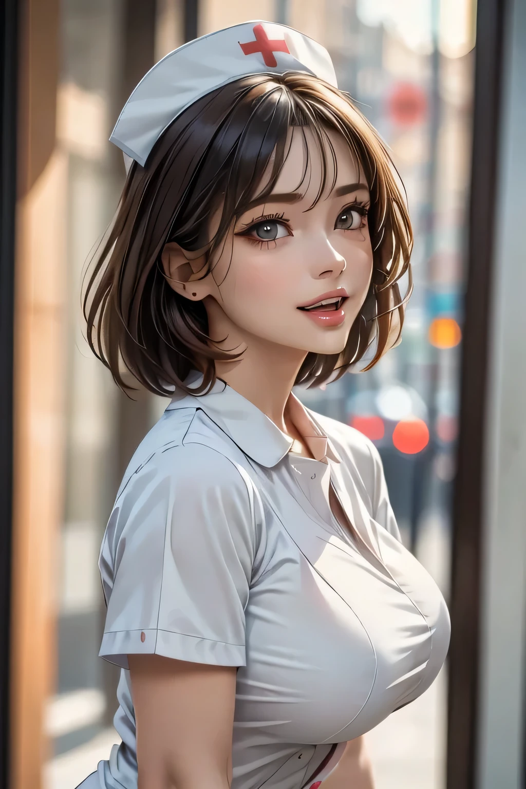 Female Nurse Painting, (masterpiece, Best Quality, Super detailed, Realistic), (Pink skin tone:0.9), look up, Eye contact, (1 Beauty), Supermodel, Beautiful Face, double eyelid, Long eyelashes, , excitement, (Please open your mouth wide:1.0), Muscular body, feminine, ((Very big and round )), (Thighs), ((Nurse cap and low cut nurse uniform)), Beautiful Face, Fuller lips, Slim face, high cheekbones, Muscular, glamorous body, Vulgar