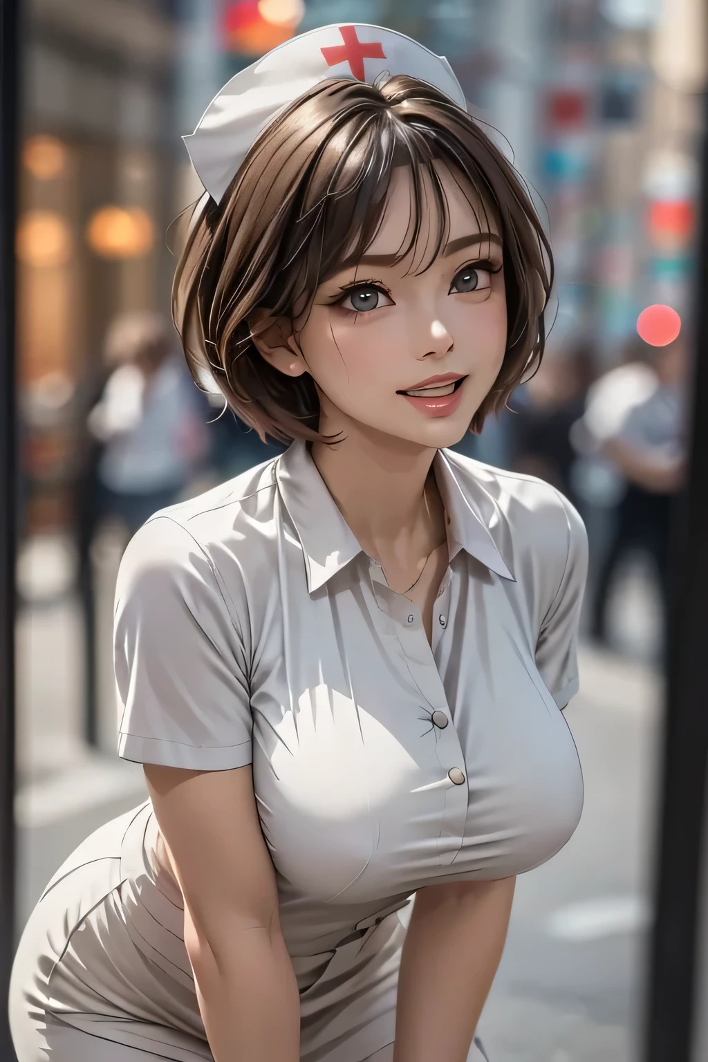 Female Nurse Painting, (masterpiece, Best Quality, Super detailed, Realistic), (Pink skin tone:0.9), look up, Eye contact, (1 Beauty), Supermodel, Beautiful Face, double eyelid, Long eyelashes, Erotic, sexual excitement, (Please open your mouth wide:1.0), Muscular body, feminine, ((Very big and round breasts)), (Thighs), ((Nurse cap and low cut nurse uniform)), Beautiful Face, Fuller lips, Slim face, high cheekbones, Muscular, glamorous body, Vulgar