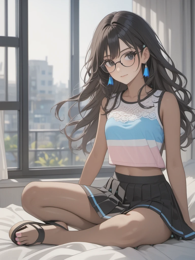 (((Adult woman)): (clothes with trans flag colors(white, blue, pink), pleated miniskirt, lace sleeveless cropped, black eyes, ((brown skin)), dark skin, showing the whole body, ((black hair, long wavy hair)),(High heel sandals ). Closed mouth )); full body shot, cute smile ((Sitting on bed)), Playing videogame, holding a joystick in hands, bedroom background. High quality. 4k, 8k, many details. Masterpiece, accurate, anatomically correct, posing, detailed background, better quality, original work Focus on details, Front view, earrings,  wind blowing through window, eye glasses, cute makeup 