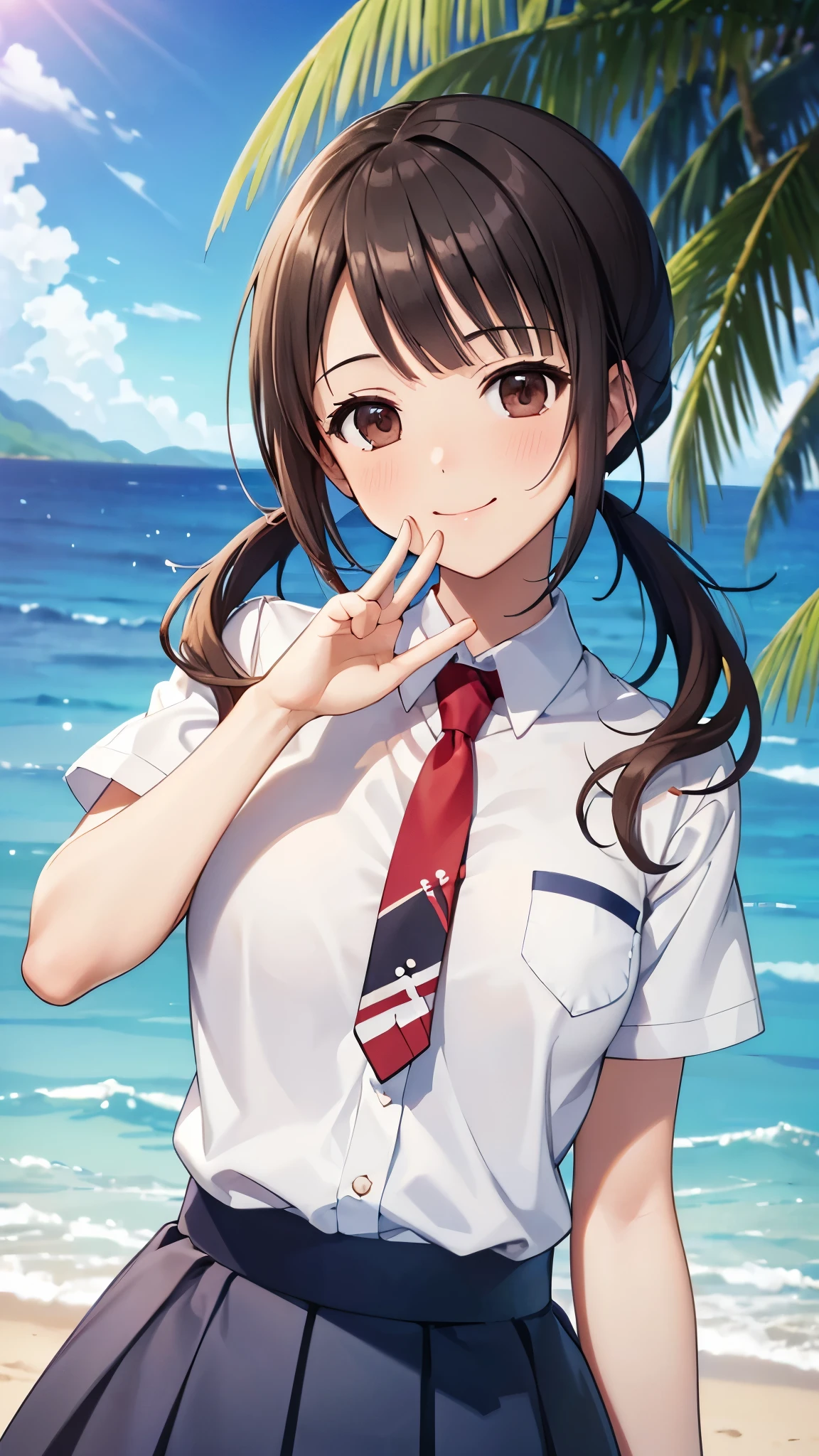 (16k,Ultra-high resolution,Best Quality,masterpiece,Very detailed,Extremely clear CG),okitasawa, low twintails,white shirt, short sleeves, red necktie, blue skirt,Anatomically correct body,Very detailed顔の特徴, Beautiful and perfect face:, ((Open your mouth and say happy smile:1.3)),夕方の夏のsea岸,((upper body Shot:1.3)),sea,Sandy Beach,Looking at the camera,Front angle,Place your right hand on your chest,Close your eyes and smile