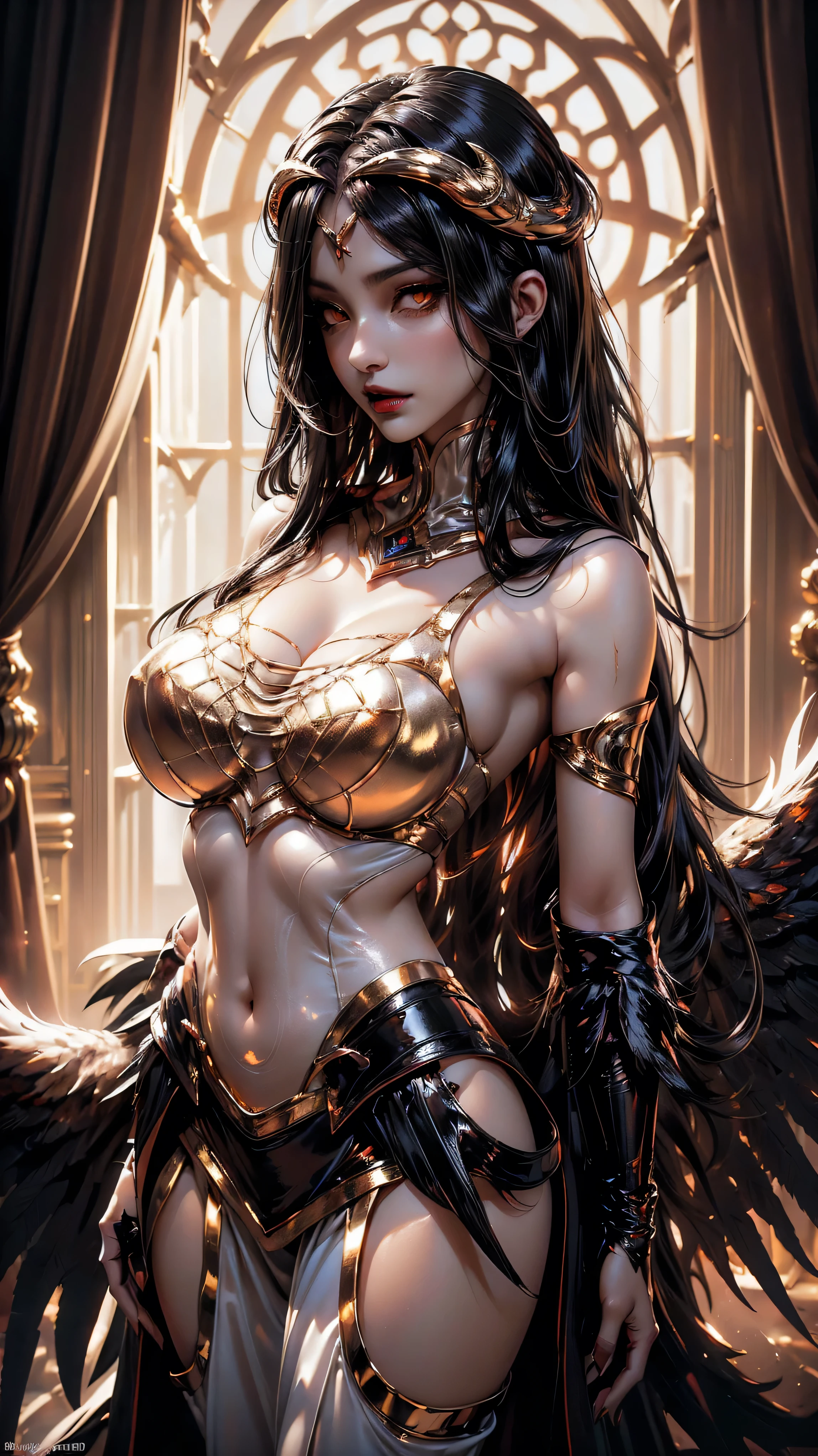 A (super realistic) beautiful sexy woman(albedo _overlord) with (glossy orange eyes(perfect detailing) and white attire(detailed) with gold jewellery on breast, beautiful slim body, black long beautiful hair, glossy red sexy lips, hyper detailed black wings (every thing with best detailing), making a perfect sexy eyes contact.