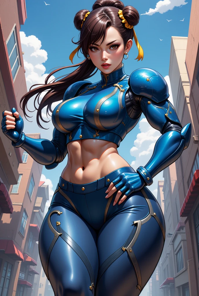 cowboy shot, An anime illustration, A intricate armature inspired in the style of Chun Li of street fighter, blue armature, steel armature, wide hips and small waist, attack pose, dynamic pose, cinematic, action scene, ready to fight 