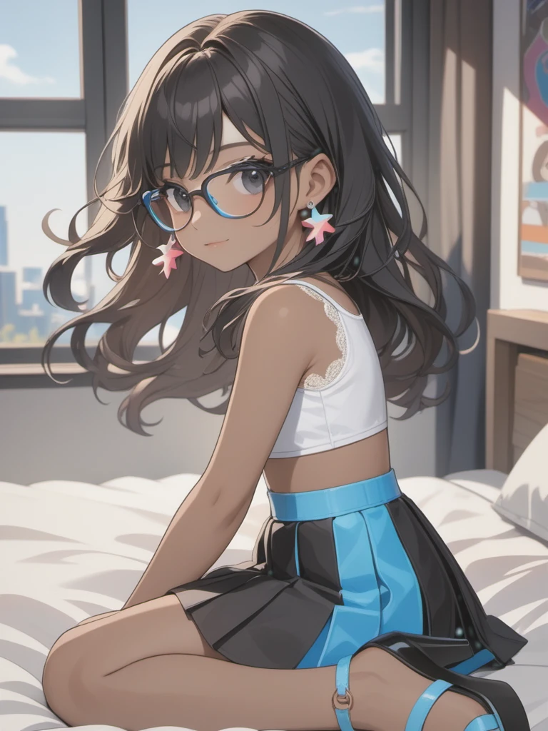 (((Adult trans woman)): (clothes with trans flag colors(white, blue, pink), pleated miniskirt, lace sleeveless cropped, black eyes, ((brown skin)), dark skin, showing the whole body, ((black hair, long wavy hair)),(High heel sandals ). Closed mouth )); full body shot, cute smile ((Sitting on bed)), Playing videogame, holding a joystick in hands, bedroom background. High quality. 4k, 8k, many details. Masterpiece, accurate, anatomically correct, posing, detailed background, better quality, original work Focus on details, Front view, earrings,  wind blowing through window, eye glasses, cute makeup, chibi girl 