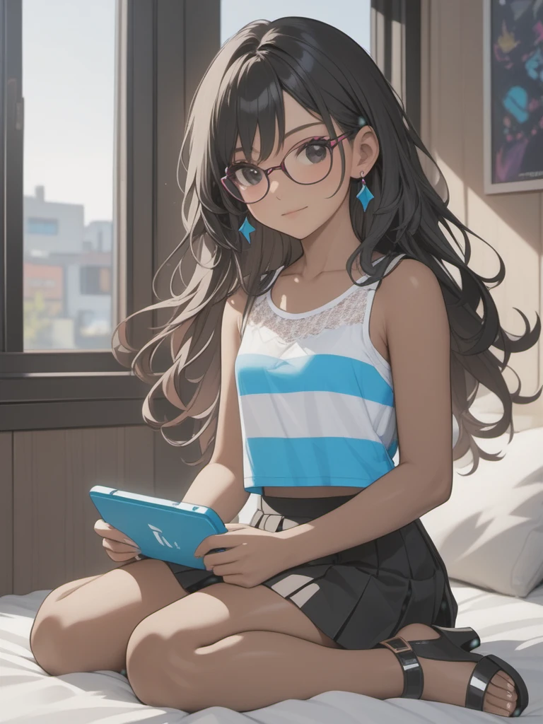 (((Adult trans woman)): (clothes with trans flag colors(white, blue, pink), pleated miniskirt, lace sleeveless cropped, black eyes, ((brown skin)), dark skin, showing the whole body, ((black hair, long wavy hair)),(High heel sandals ). Closed mouth )); full body shot, cute smile ((Sitting on bed)), Playing videogame, holding a joystick in hands, bedroom background. High quality. 4k, 8k, many details. Masterpiece, accurate, anatomically correct, posing, detailed background, better quality, original work Focus on details, Front view, earrings,  wind blowing through window, eye glasses, cute makeup, chibi girl 