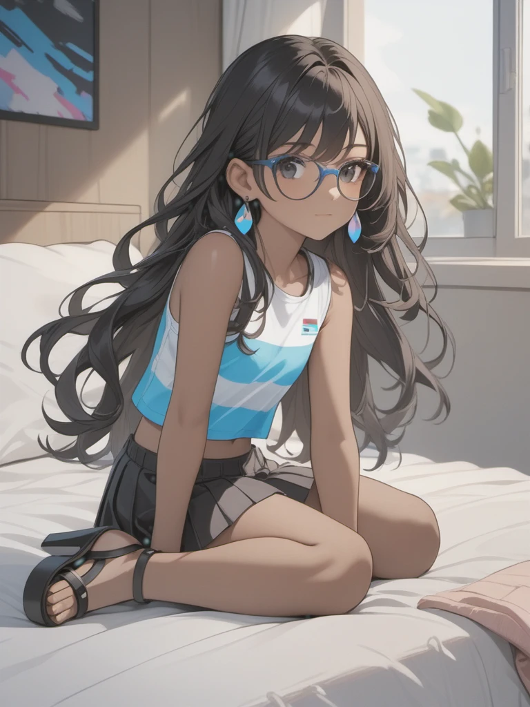 (((Adult trans woman)): (clothes with trans flag colors(white, blue, pink), pleated miniskirt, lace sleeveless cropped, black eyes, ((brown skin)), dark skin, showing the whole body, ((black hair, long wavy hair)),(High heel sandals ). Closed mouth )); full body shot, cute smile ((Sitting on bed)), Playing videogame, holding a joystick in hands, bedroom background. High quality. 4k, 8k, many details. Masterpiece, accurate, anatomically correct, posing, detailed background, better quality, original work Focus on details, Front view, earrings,  wind blowing through window, eye glasses, cute makeup, chibi girl 