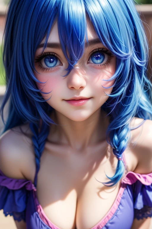 (best quality: 1.2), (high resolution, 4k, 8k), (masterpiece: 1.2), (intricate, hyper-detailed details: 1.15), yoshino astral dress, (long hair, hair between the eyes, blue hair ), Embarrassed face, blushing, cinematic lighting, (big bright eyes, beautiful realistic blue eyes), visible features, natural cheek, fair skin, soft lips, smile, teeth, (beautiful and detailed face with perfect symmetry), medium breasts , body with perfect anatomy, perfect natural texture, ultra-details, shiny skin, (Cropped: 1.5), off-the-shoulder neckline, shorts, tights, sensual movement, full photo below