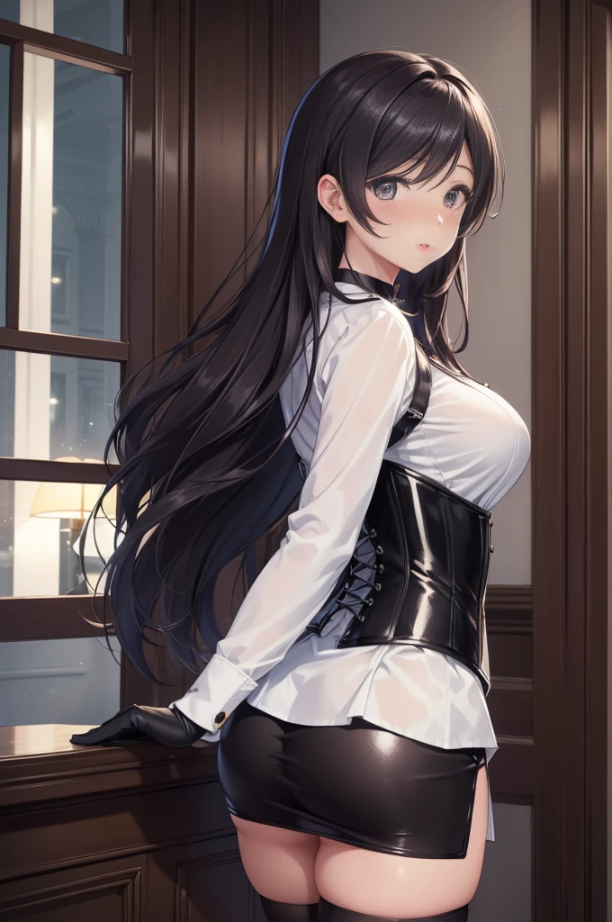 Nozomi Tojo, nozomi always, long curly black hair, masterpiece, The best quality, high resolution, Beautiful detailed eyes, extremely detailed face, good lighting, Detailed CG, 1 woman, (Vagina), standing, view from behind, perfect ass,  blush, embarrassed expression. shiny lips, choker:1.6, ((White collar button-down shirt with white long sleeves)), Black gloves, gloves that cover the hands, (black leather corset), (Black miniskirt), (dark brown tights), elegant dining room, mansion, night, neon lights