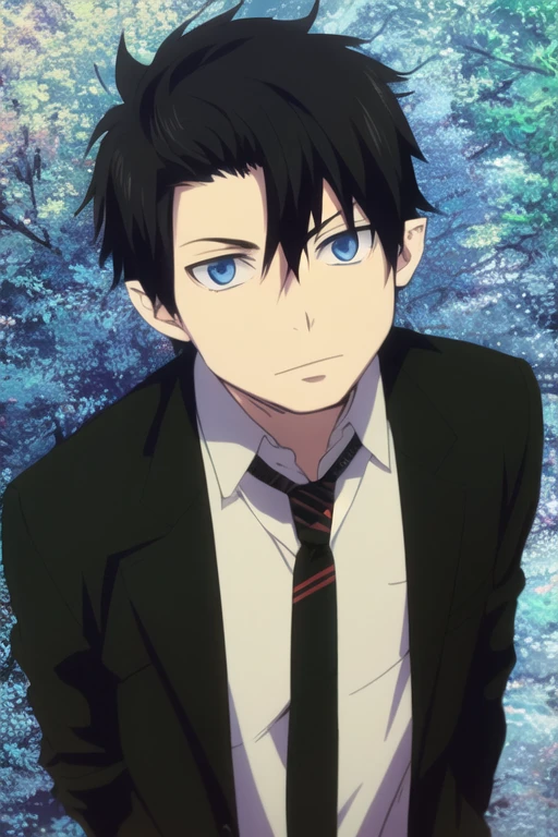 masterpiece, best quality, , 1boy, solo, male focus, looking at viewer, , , rin_okumura, black hair, blue eyes, 