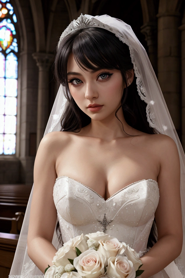 (Highest quality,masterpiece:1.3,Ultra-high resolution),(Very detailed,8K),(Realistic:1.4,RAW shooting)。Blurred Background、The best smile。A cute, petite 20-year-old woman、Short hairstyle、Plump figure。She is completely naked。Nipples are visible。Wedding Veil。Wedding Gloves。(((Holding a bouquet in both hands)))。Big Necklace。belly button。Sexy light pink panties。Stand in the Church。