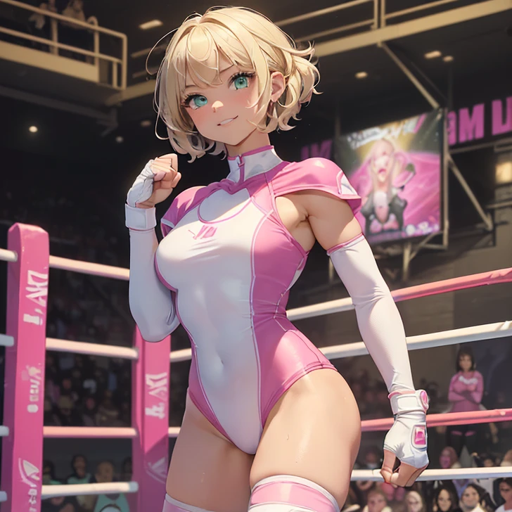 Shortcuts,Blonde girl,Background Gym, smile,Golden armpit hair,Costume pink color