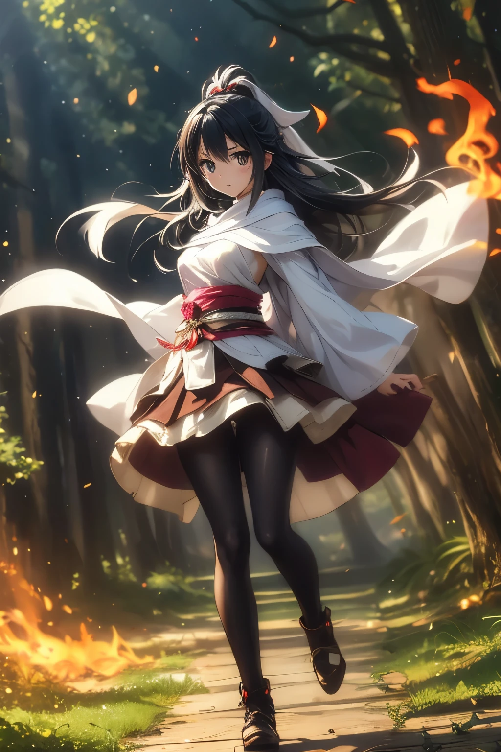 (((SFW、Highest quality、First Class、masterpiece、Normal body、8k、Detailed face、Ultra-precision、Normal hand、Normal finger、Highest、Takumi)))、SHIZUE-izawa、Shiz、Black Hair、Lord of the Flames、-That Time I Got Reincarnated as a Slime-、Petite、Big Breasts、Alltights、tights、Overcloak、Ridiculous Costumes、Timid、Standing with your legs apart、Full body view