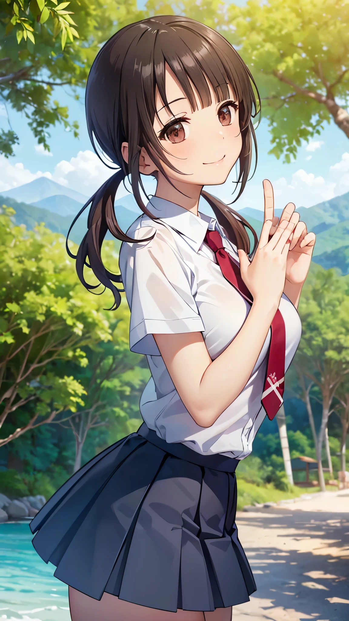 (16k,Ultra-high resolution,Best Quality,masterpiece,Very detailed,Extremely clear CG),okitasawa, low twintails,white shirt, short sleeves, red necktie, blue skirt,Anatomically correct body,Very detailed顔の特徴, Beautiful and perfect face:, ((Open your mouth and say happy smile:1.3)),Summer beach in the evening,((upper body Shot:1.3)),Bamboo forest in the mountains,Looking at the camera,Front angle,Place your right hand on your chest,Close your eyes and smile,