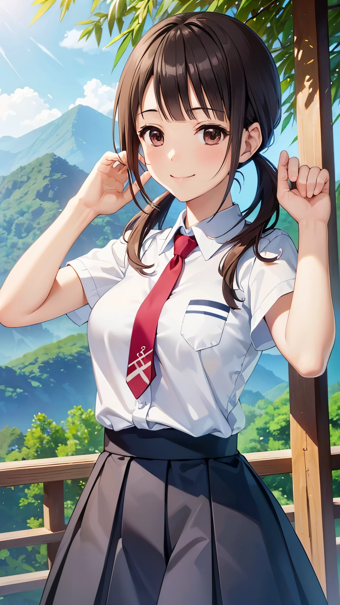 (16k,Ultra-high resolution,Best Quality,masterpiece,Very detailed,Extremely clear CG),okitasawa, low twintails,white shirt, short sleeves, red necktie, blue skirt,Anatomically correct body,Very detailed顔の特徴, Beautiful and perfect face:, ((Open your mouth and say happy smile:1.3)),Summer beach in the evening,((upper body Shot:1.3)),Bamboo forest in the mountains,Looking at the camera,Front angle,Place your right hand on your chest,Close your eyes and smile,Open your mouth