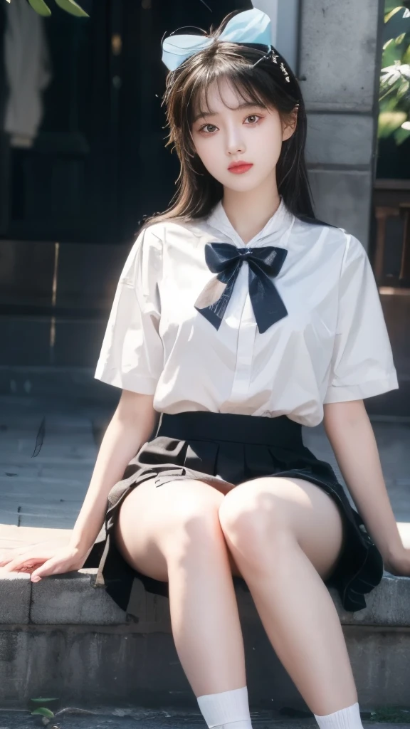 Completely normal body.,girl, Short skirt,((White socks)),((masterpiece, Best quality, high resolution)), 8K ที่Very detailed, beautiful girl with , (Ultra HD, Very detailed, เนื้อหามีรายVery detailed, Very realistic, Surrealism, Live Photos), (1 female，Bow:1.5), (Realistic brown), Hair details,Hairpin, (Dynamic camera poses,, Beautiful and delicate face，Open slightly, Beautiful eyes),, glow,Sitting