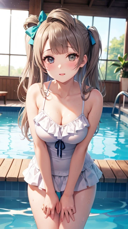 One girl, alone, Minami Kotori, One side up, Hair Ribbon, masterpiece, Highest quality, High resolution, unity 8k wallpaper, figure, Fine grain, Highly detailed face, Extremely detailed CG, Glossy Lips, light makeup, blush, Frilled swimsuit and mini skirt, clavicle, Indoor swimming pool, Cowboy Shot