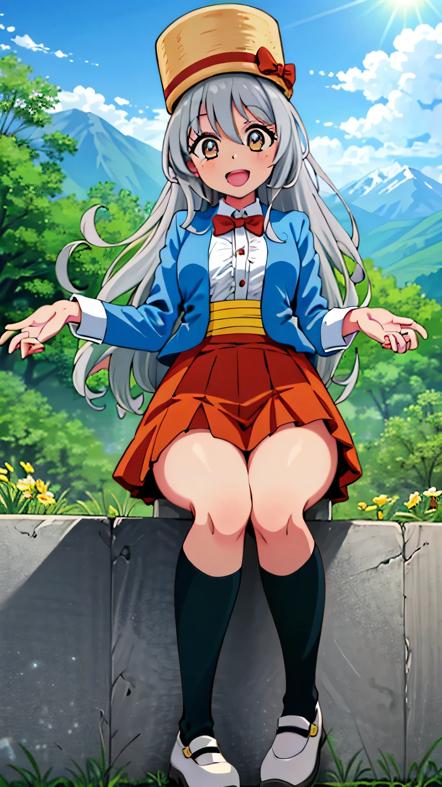 (masterpiece:1.5), best quality, (1girl, solo),
umami, 1girl, solo, long hair, hat, skirt, open mouth, socks, grey hair, smile, blue jacket , shoes, full body, kneehighs, red skirt, looking at viewer, blush, :d, standing on one leg, white footwear, bow, orange eyes, jacket, black socks, red eyes, pleated skirt, hat bow <lora:Umami-0011:0.7> perfect anatomy,cowboy shot, dynamic pose, upper body,panties, outdoors,((( blush)))
<lora:GoodHands-beta2:0.8>