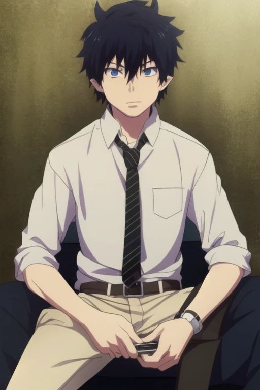 masterpiece, best quality, , 1boy, solo, male focus, looking at viewer, , , rin_okumura, black hair, blue eyes, ,