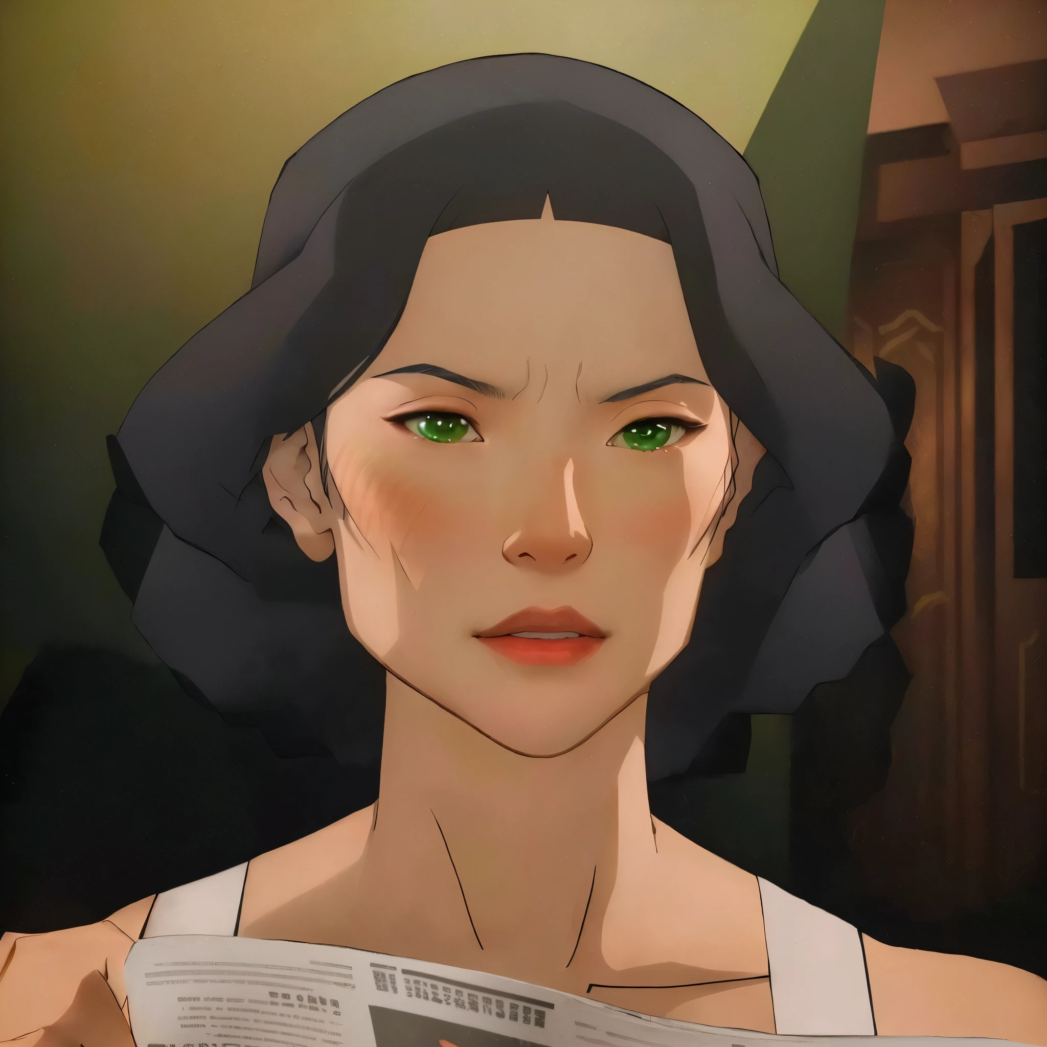 a close up of Lin Beifong reading a newspaper with her green-eyed face, Anya de Spy X Family, hurry up, in the anime film, retrato da moderna darna, satoshi kon style, , in a mixed style of æon flux, anime cloth capture, Lin Beifong, in the anime film, The Legend of Korra