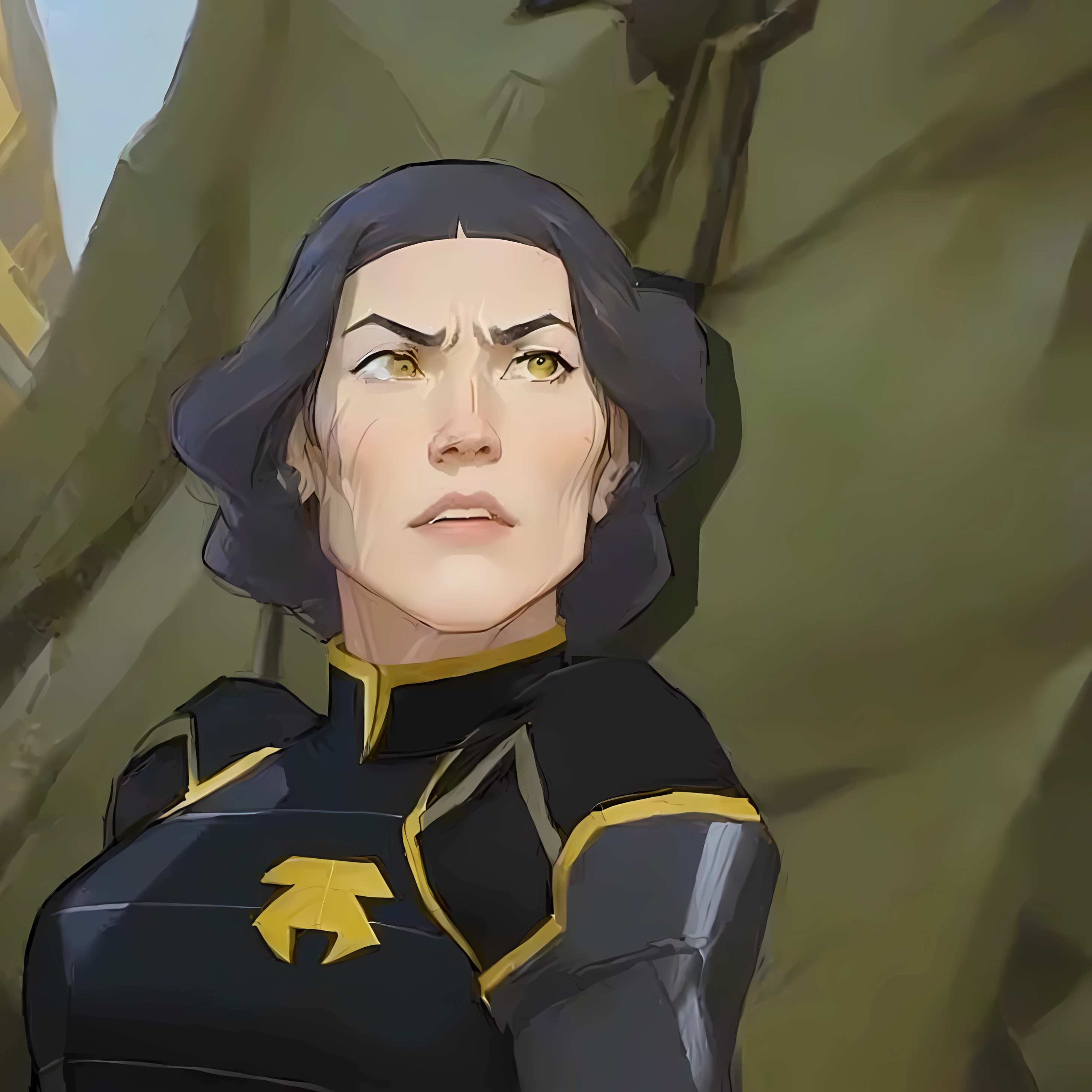 a close up of a person in a black and gold outfit, Cassandra Cain, but a stern look upon her, avatar image, Cassandra Cain in satin, legend of korra, portrait of avatar korra, korra from the legend of korra, a muscular and angry army general, super serious facial expression, legend of korra setting, & His expression is solemn