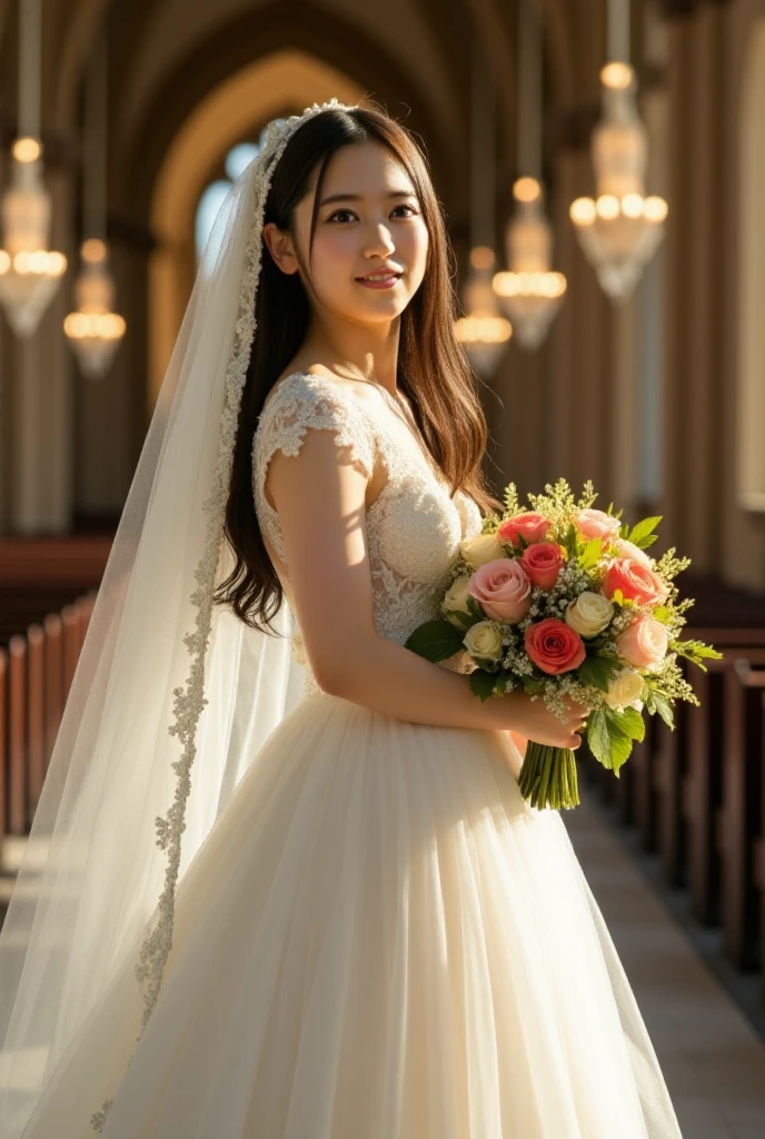 1 beautiful young girl, masterpiece, highres, sonic edge realistic gremory, (wedding dress, church, bridal veil, wedding, bouquet of flowers), realistic, photorealistic, photo-realistic:1.37, best quality,4k,8k,ultra-detailed, vivid colors, studio lighting, sharp focus