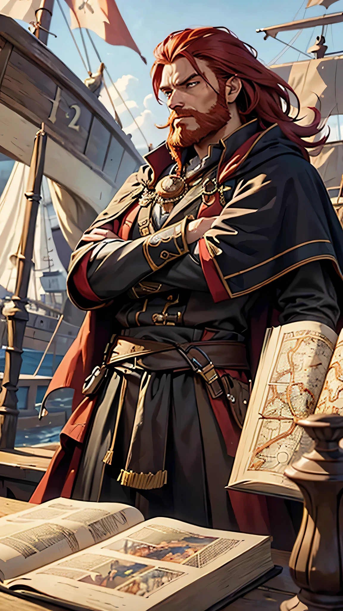 male pirate wizard with a red beard, arms crossed, detailed face, wizard cloak, books and maps, early morning, on a boat, depth of field, blurry background