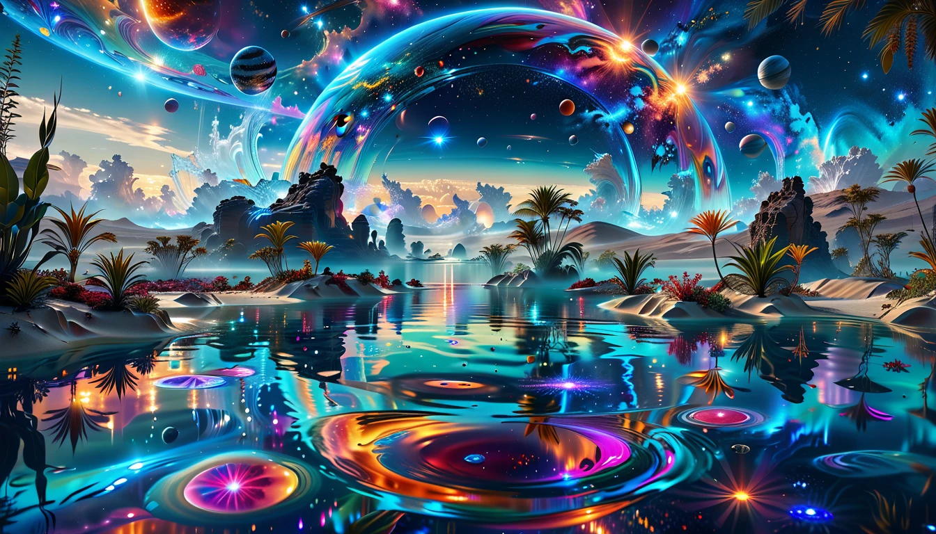 A Masterpiece In 32K Resolution, Supreme Quality, Super Detail, Official Art, Very High-Resolution 32K Wallpaper, Cosmic And Dreamlike, Ultra-Detailed Features, Celestial Retreat. An Otherworldly Oasis Floats Amidst A Sea Of Stars, With Vibrant Alien Flora Surrounding A Shimmering Pool Of Liquid Light. Planets And Moons Hang In The Sky, Casting Colorful Reflections On The Water. In The Background, A Grand Celestial Structure Rises, Radiating Energy And Illuminating The Cosmic Expanse.