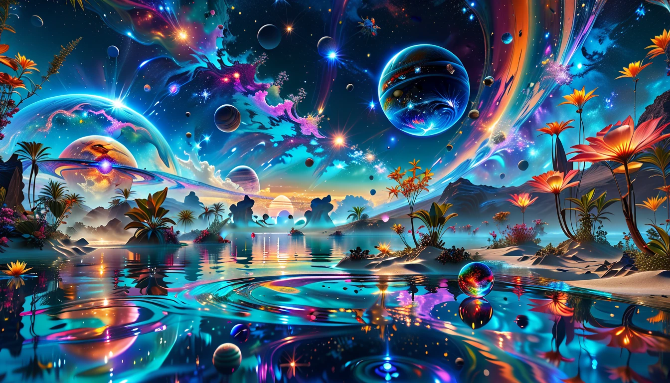 A Masterpiece In 32K Resolution, Supreme Quality, Super Detail, Official Art, Very High-Resolution 32K Wallpaper, Cosmic And Dreamlike, Ultra-Detailed Features, Celestial Retreat. An Otherworldly Oasis Floats Amidst A Sea Of Stars, With Vibrant Alien Flora Surrounding A Shimmering Pool Of Liquid Light. Planets And Moons Hang In The Sky, Casting Colorful Reflections On The Water. In The Background, A Grand Celestial Structure Rises, Radiating Energy And Illuminating The Cosmic Expanse.