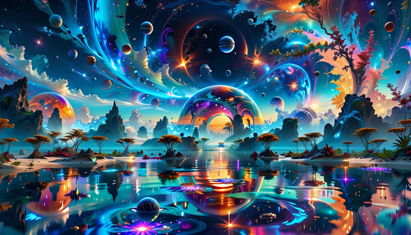 A Masterpiece In 32K Resolution, Supreme Quality, Super Detail, Official Art, Very High-Resolution 32K Wallpaper, Cosmic And Dreamlike, Ultra-Detailed Features, Celestial Retreat. An Otherworldly Oasis Floats Amidst A Sea Of Stars, With Vibrant Alien Flora Surrounding A Shimmering Pool Of Liquid Light. Planets And Moons Hang In The Sky, Casting Colorful Reflections On The Water. In The Background, A Grand Celestial Structure Rises, Radiating Energy And Illuminating The Cosmic Expanse.