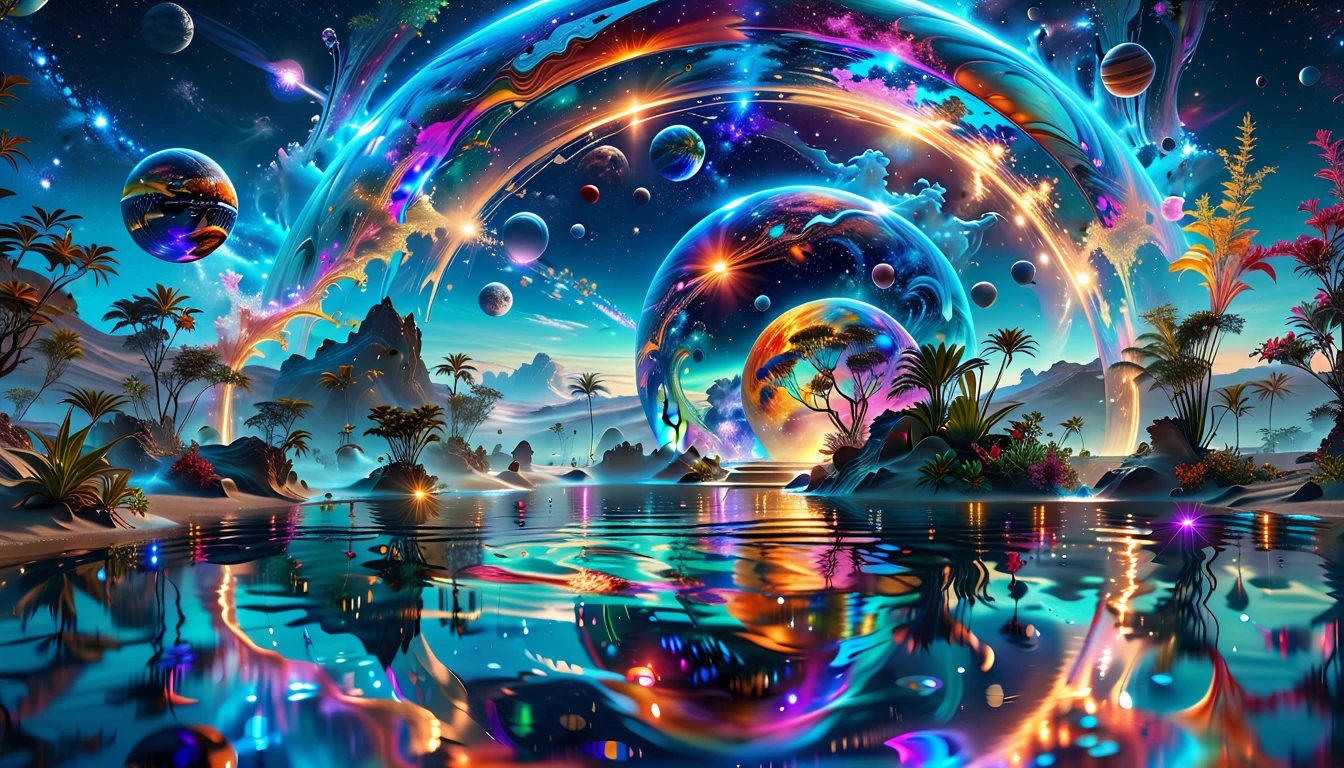 A Masterpiece In 32K Resolution, Supreme Quality, Super Detail, Official Art, Very High-Resolution 32K Wallpaper, Cosmic And Dreamlike, Ultra-Detailed Features, Celestial Retreat. An Otherworldly Oasis Floats Amidst A Sea Of Stars, With Vibrant Alien Flora Surrounding A Shimmering Pool Of Liquid Light. Planets And Moons Hang In The Sky, Casting Colorful Reflections On The Water. In The Background, A Grand Celestial Structure Rises, Radiating Energy And Illuminating The Cosmic Expanse.