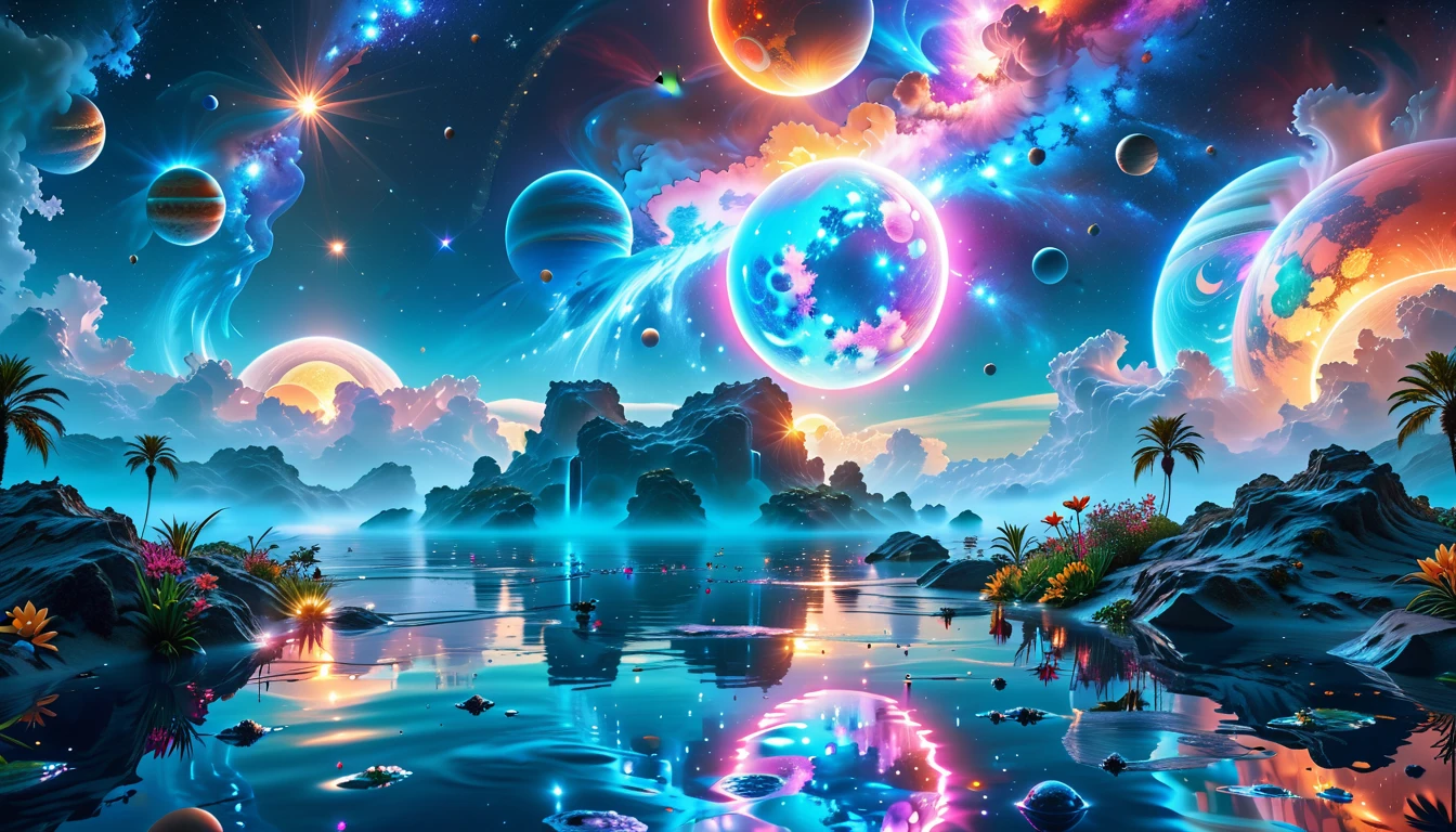 A Masterpiece In 32K Resolution, Supreme Quality, Super Detail, Official Art, Very High-Resolution 32K Wallpaper, Cosmic And Dreamlike, Ultra-Detailed Features, Celestial Retreat. An Otherworldly Oasis Floats Amidst A Sea Of Stars, With Vibrant Alien Flora Surrounding A Shimmering Pool Of Liquid Light. Planets And Moons Hang In The Sky, Casting Colorful Reflections On The Water. In The Background, A Grand Celestial Structure Rises, Radiating Energy And Illuminating The Cosmic Expanse.