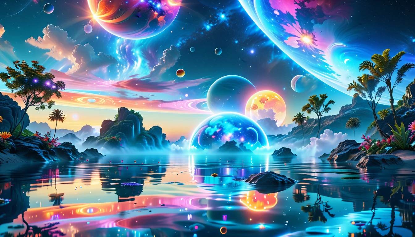 A Masterpiece In 32K Resolution, Supreme Quality, Super Detail, Official Art, Very High-Resolution 32K Wallpaper, Cosmic And Dreamlike, Ultra-Detailed Features, Celestial Retreat. An Otherworldly Oasis Floats Amidst A Sea Of Stars, With Vibrant Alien Flora Surrounding A Shimmering Pool Of Liquid Light. Planets And Moons Hang In The Sky, Casting Colorful Reflections On The Water. In The Background, A Grand Celestial Structure Rises, Radiating Energy And Illuminating The Cosmic Expanse.