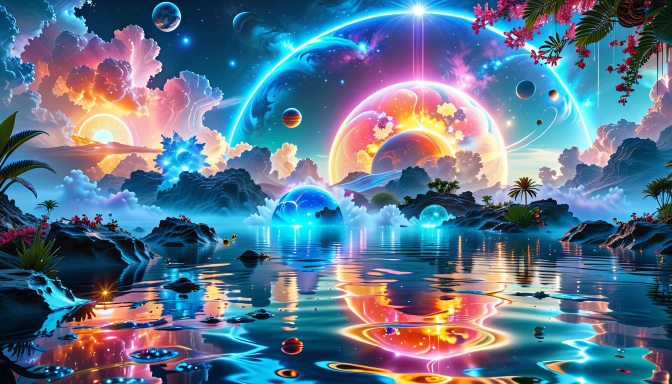 A Masterpiece In 32K Resolution, Supreme Quality, Super Detail, Official Art, Very High-Resolution 32K Wallpaper, Cosmic And Dreamlike, Ultra-Detailed Features, Celestial Retreat. An Otherworldly Oasis Floats Amidst A Sea Of Stars, With Vibrant Alien Flora Surrounding A Shimmering Pool Of Liquid Light. Planets And Moons Hang In The Sky, Casting Colorful Reflections On The Water. In The Background, A Grand Celestial Structure Rises, Radiating Energy And Illuminating The Cosmic Expanse.